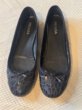 Prada Navy Croc-Texture Leather Ballet Bow Flats 9.5